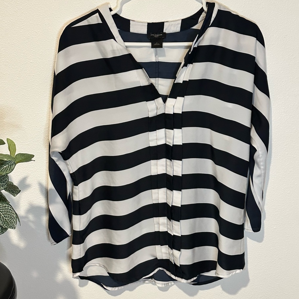 Ann Taylor Navy and White Striped Blouse